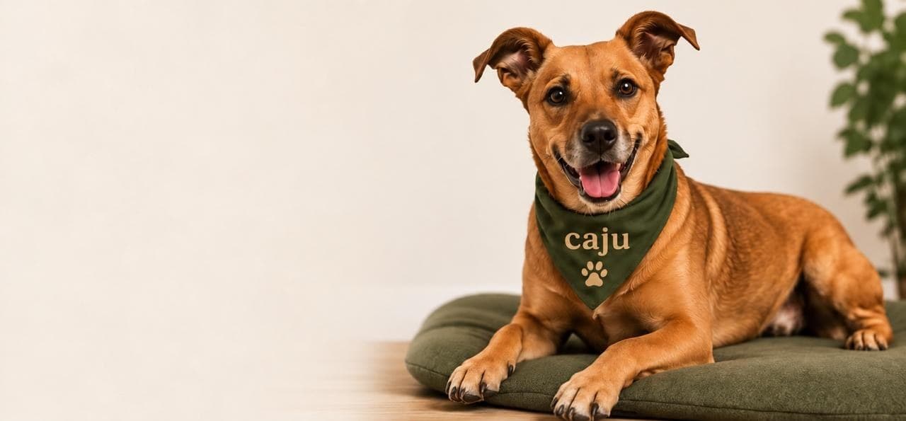 Caju, um cão caramelo de bandana verde com a marca do Caju, deitado numa almofada verde, olhando para a câmera.