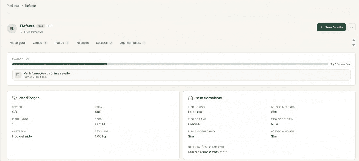 Tela de um paciente no Caju: plano ativo com 3 de 10 sessões, identificação e casa e ambiente.